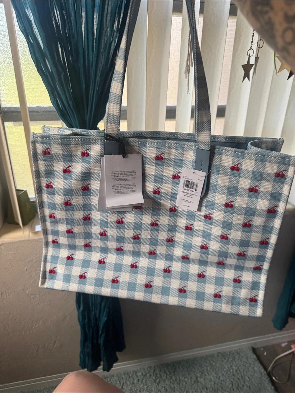 Coach Blue & White Gingham Tote with Red Cherry Accents BRAND NEW NEVER USED